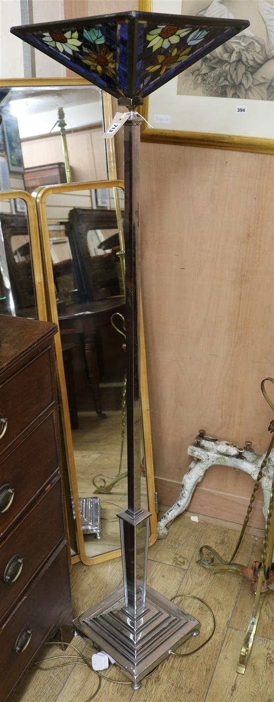 A 1930s French chromed metal lamp standard, with stained glass uplighter shade H.170cm